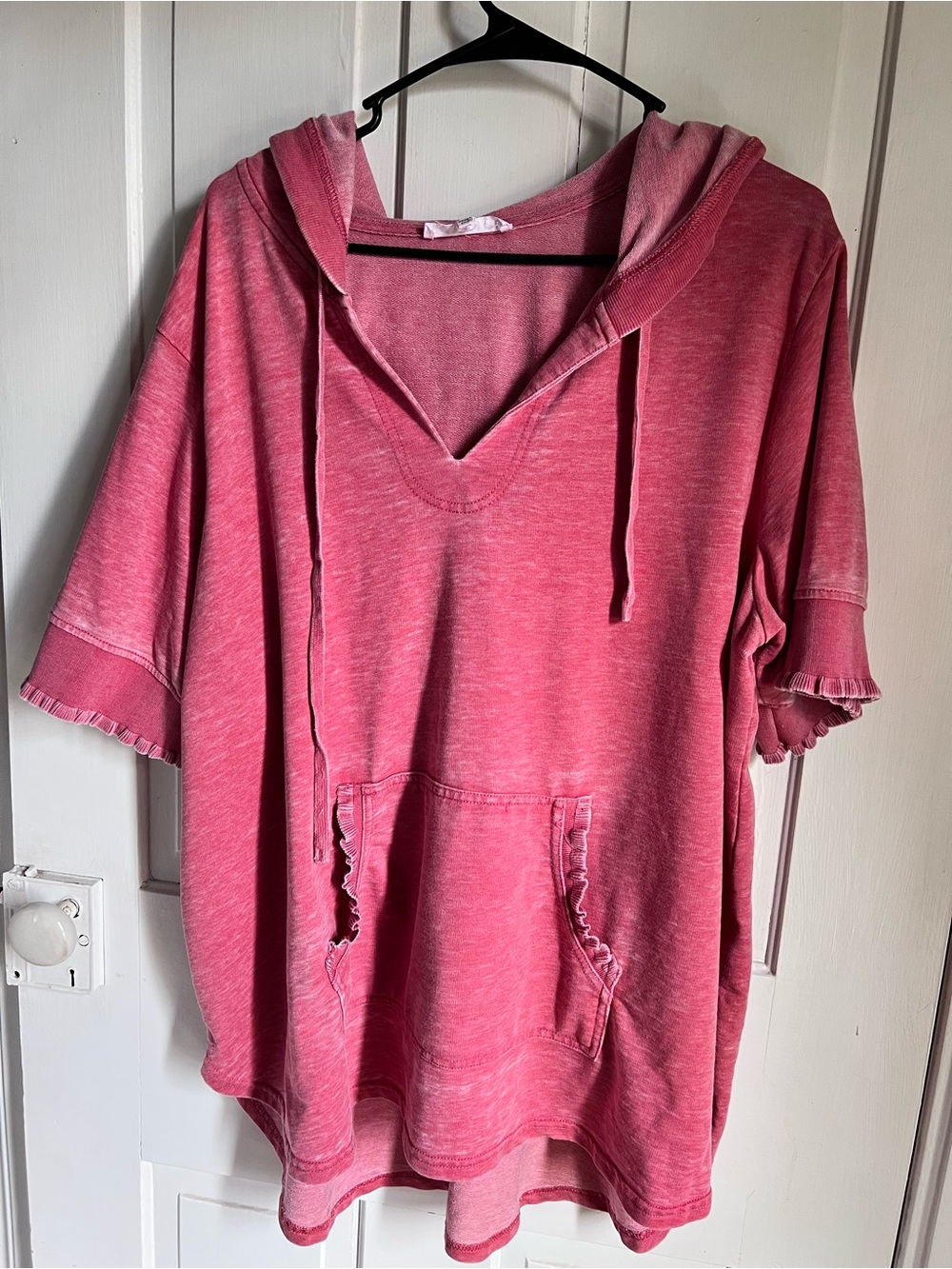 Women's Pink Short-Sleeve Hoodie Top with ruffle front pocket & sleeves size 3XL